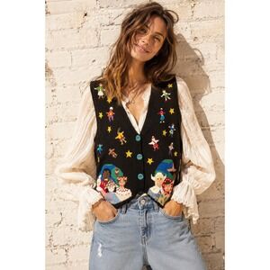 Vintage BellePointe Black Ramie Cotton Knit Vest World Peace Stars Medium